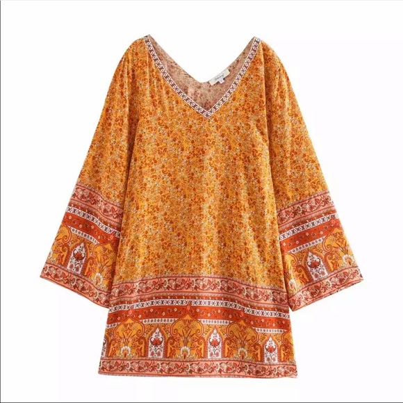 Boho Floral Gypsy Print V Neck Tunic Dress Yellow - Picture 4 of 5